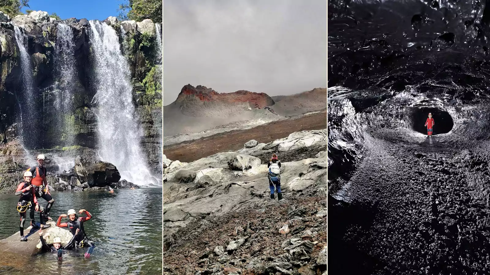 montage activités à la Réunion : un groupe en canyoning, un spéléologue dans un tunnel de lave et un randonneur au volcan
