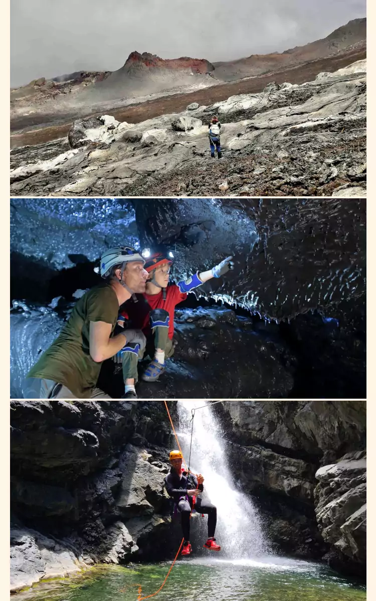 montage de 3 photos : Tunnel de lave avec un enfant, canyoning avec une personne en tyrolienne et randonnée au volcan avec une personne devant un piton volcanique