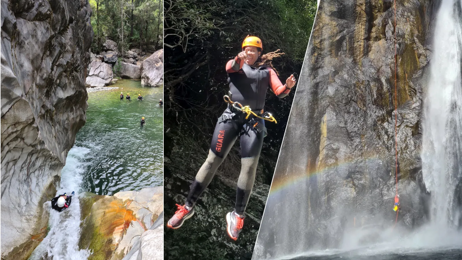 Montage de 3 images de canyoning à la réunion, une personne dans un toboggan, une femme en combinaison de canyoning avec un baudrier et un canyoneur en rappel dans une cascade à Takamaka